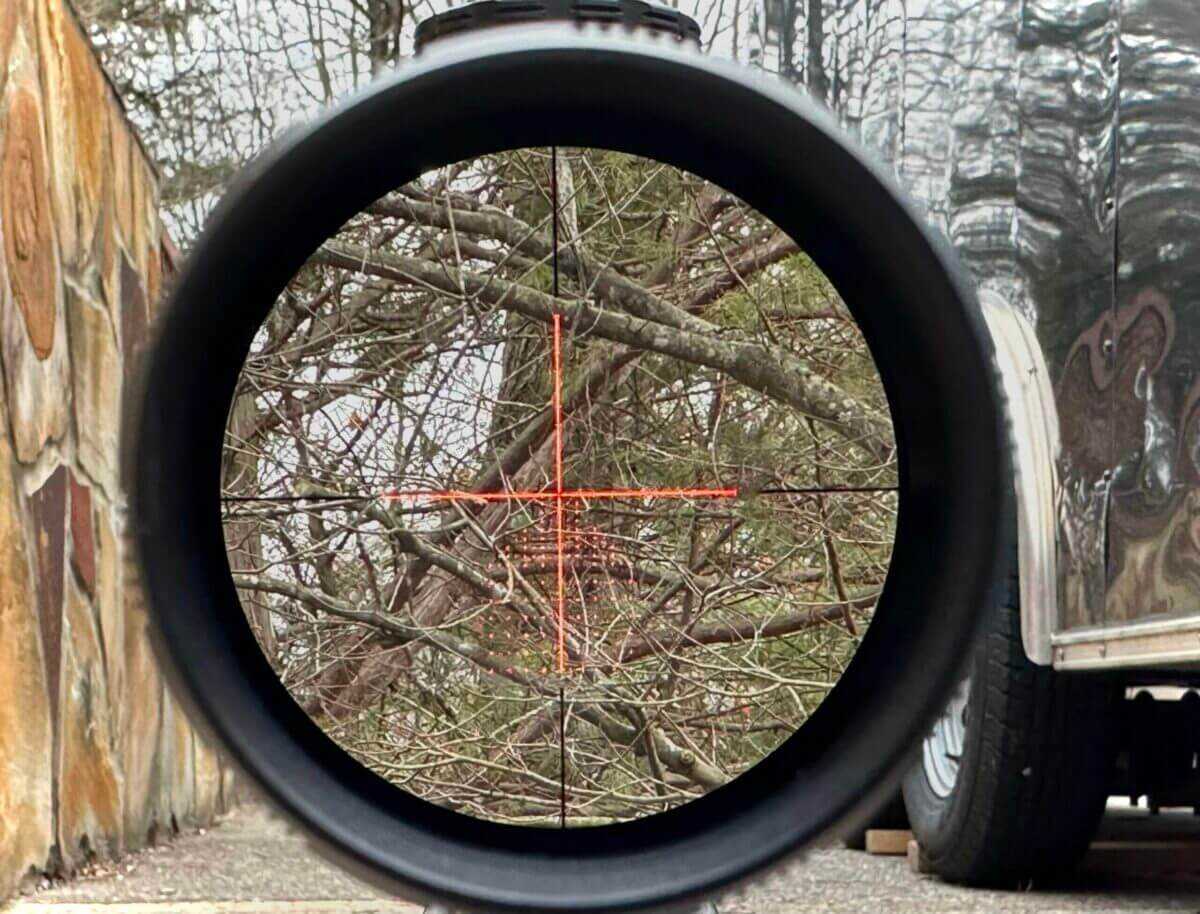 The view through the Sightron SVIII with an illuminated reticle.