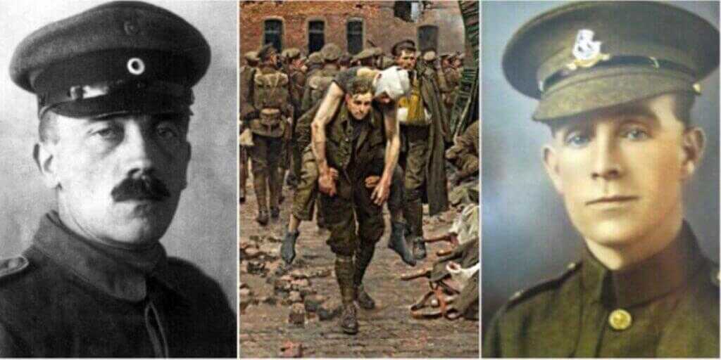 Side by side images of Henry Tandey and Adolf Hitler, reference to the alleged 1918 encounter