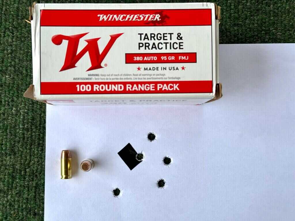 Winchester 95gr FMJ 2.126 inch 5 round group at 10 yards from S&W Bodyguard 2.0 Carry Comp