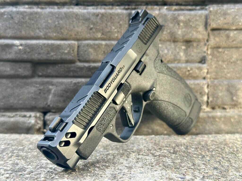 S&W Bodyguard 2.0 Carry Comp slide showing extended nose and barrel port cut between front sight and muzzle