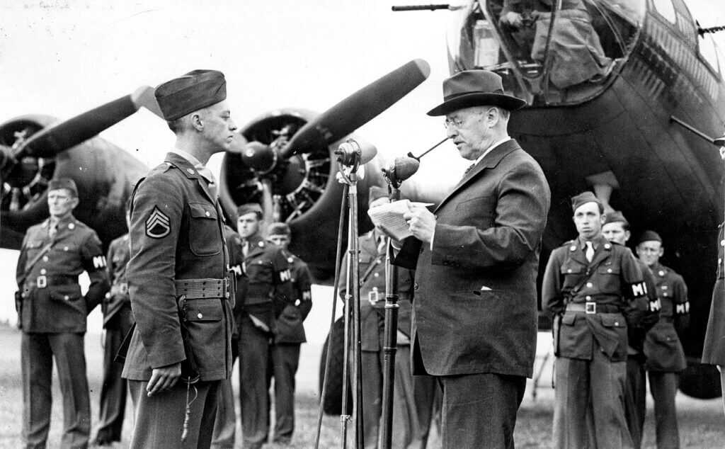 Medal of Honor ceremony for Maynard Snuffy Smith at RAF Thurleigh with Secretary of War Henry Stimson