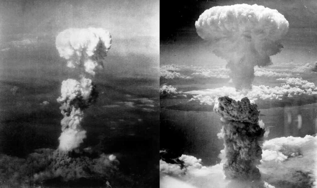 Side-by-side illustrations of Hiroshima Little Boy and Nagasaki Fat Man nuclear bomb designs