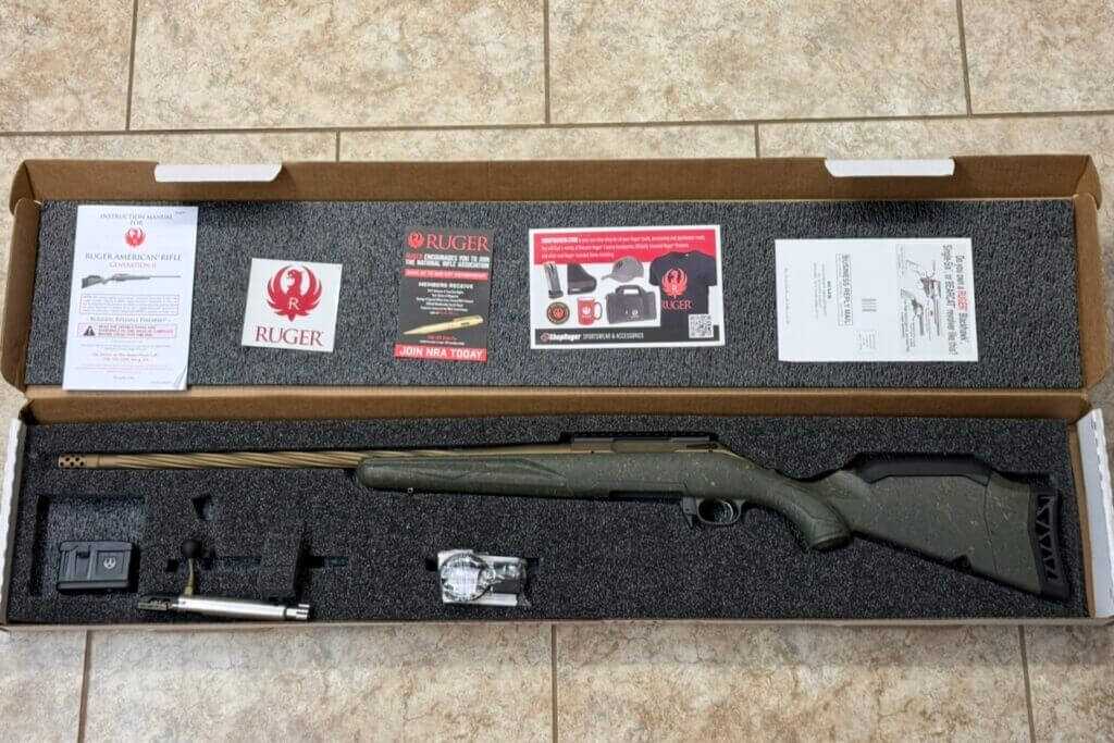 Ruger American Gen II Predator unboxed with magazine, sling studs, and installed Picatinny scope base