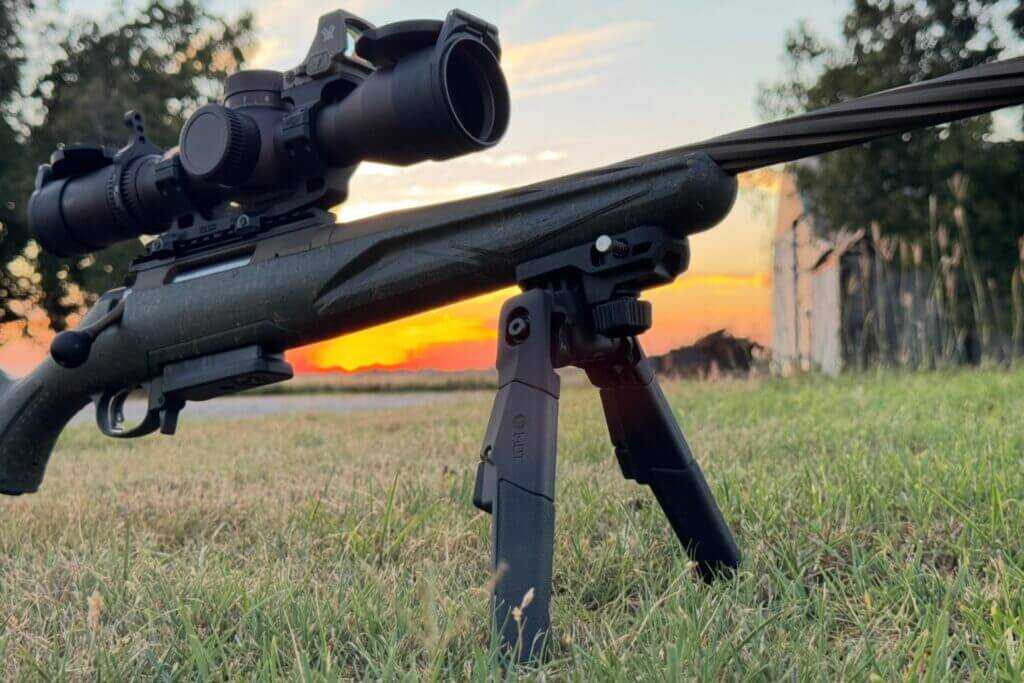 MDT ORYX bipod attached to the front sling swivel on Ruger American Gen II Predator
