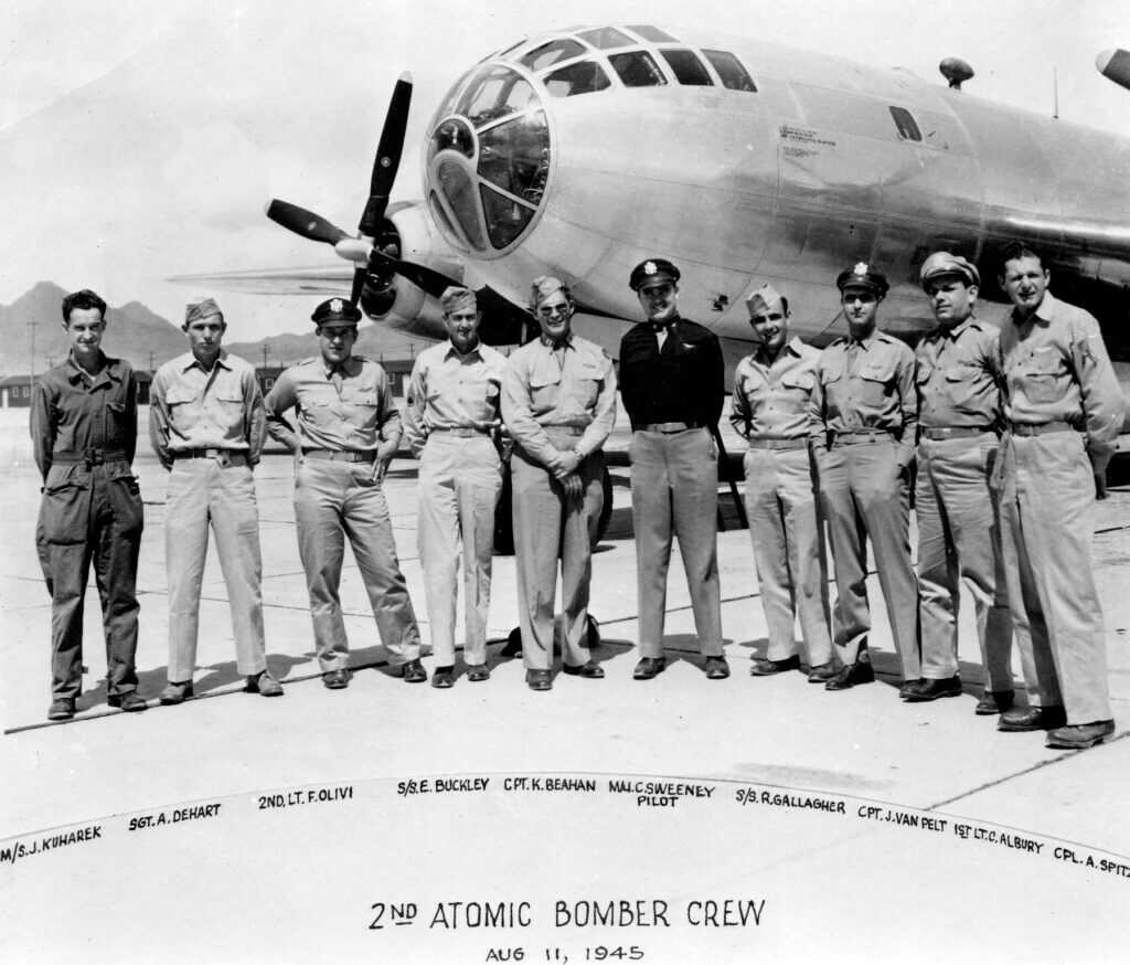 B-29 crew photo from the Nagasaki mission with pilot Charles Sweeney at center of frame