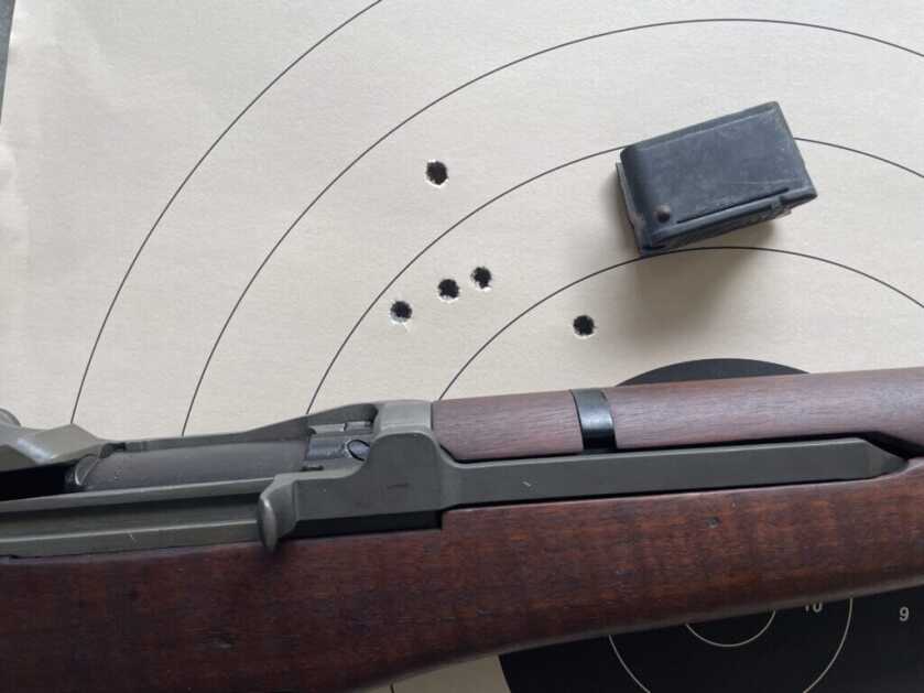 Five shot 100 yard group from an M1 Garand with Federal American Eagle ammo measuring 2.82 inches