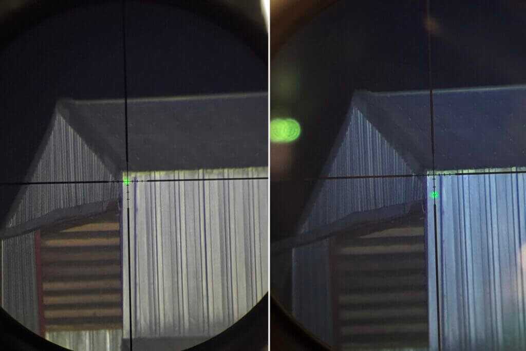 Laser tracking test on Vortex Triumph HD showing 7.5 MOA turret dial aligned with bottom BDC hash at 9x magnification
