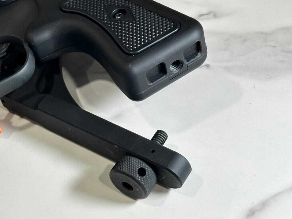 This is a closeup of the attachment point between the Bounty Hunter SEries stock and  the grip.