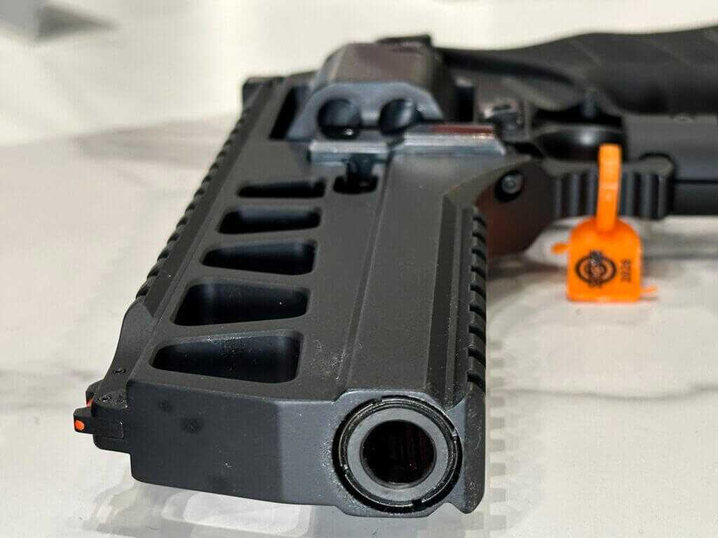 Looking down the barrel of a revolver. 