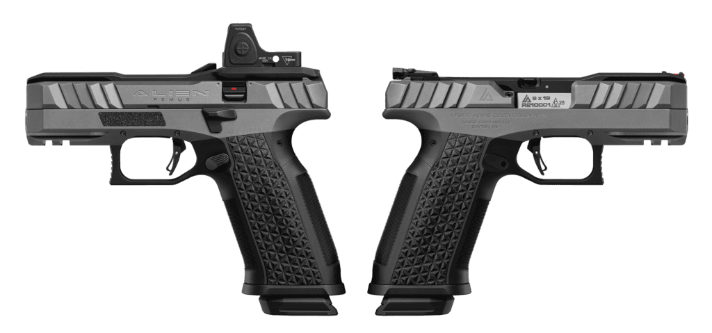 Studio image showing both left and right faces of the right-handed gun