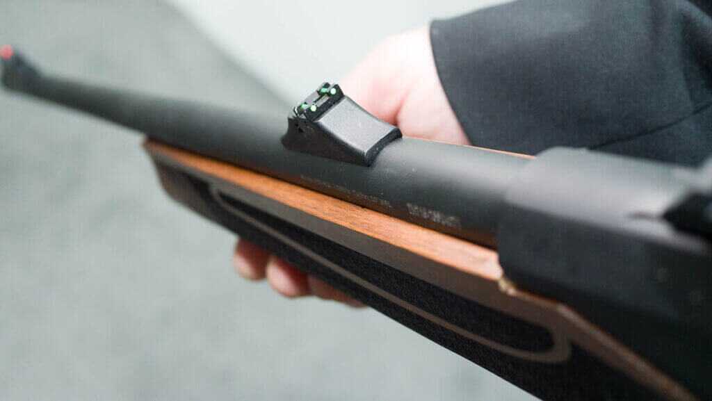 Adler AD500 rear green fiber optic sight close up with Picatinny rail clearance