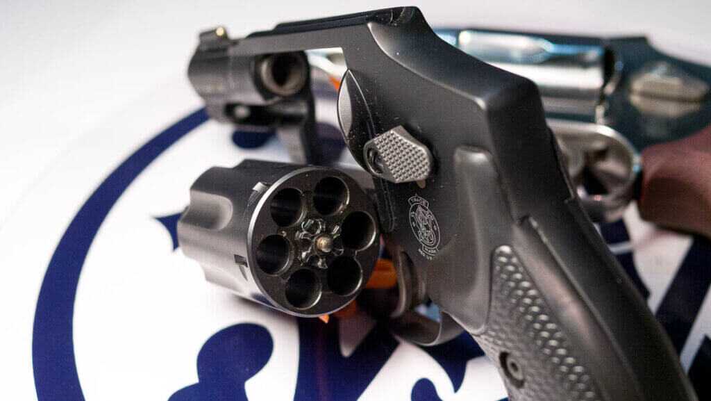 Rear view of S&W Ultimate Carry J-Frame with cylinder open, .32 model showing six chambers