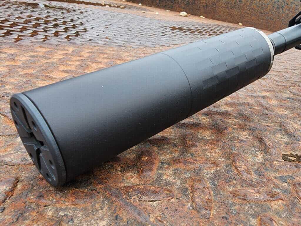 SilencerCo suppressor product photo on rifle close up