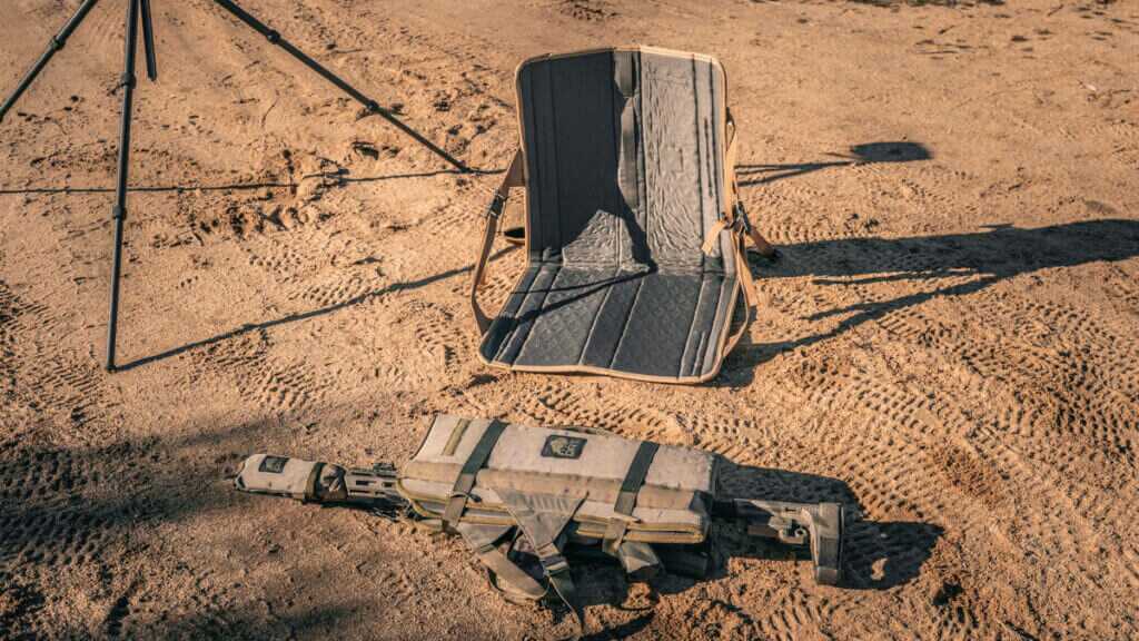 DRT Recon Lounger converted into a field bipod with adjustable strap height for multiple backcountry shooting positions