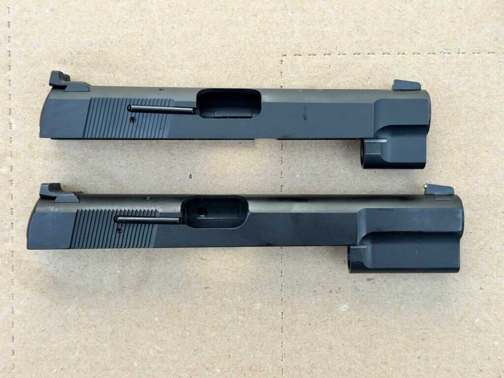 Springfield Armory SA-35 4-inch slide compared with full-size SA-35 slide, showing the shorter compact top end
