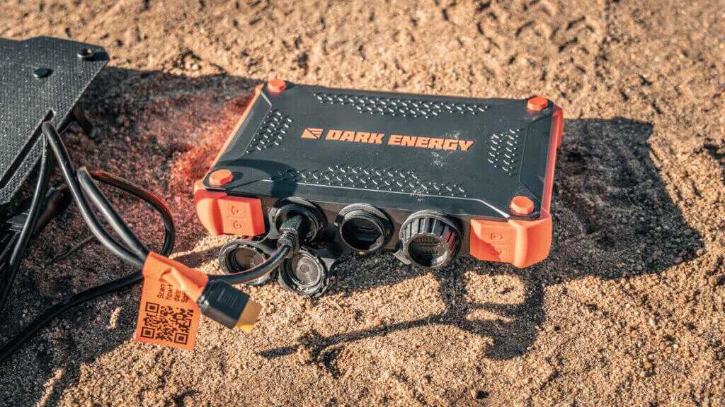 Dark Energy Poseidon XL showing two USB-C and two USB-A ports for charging radios thermals Starlink Mini and CPAP