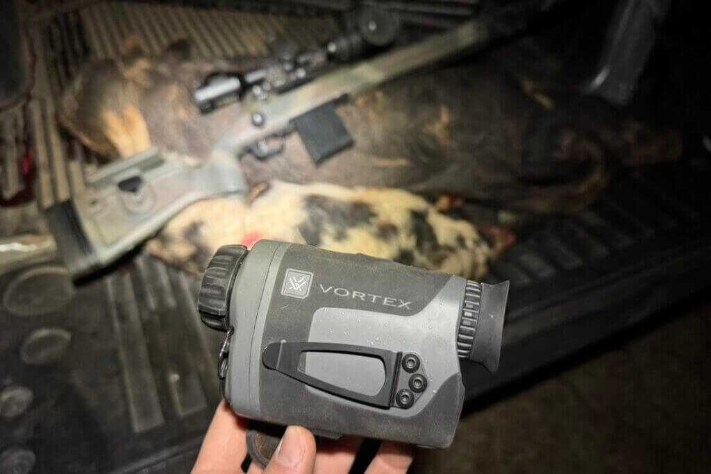 Rubber armored housing on the Vortex Veil 400 thermal monocular showing the textured non-slip grip