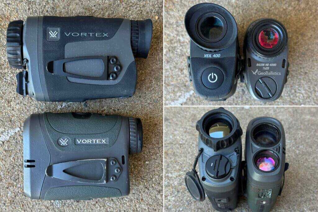 Vortex Veil 400 thermal monocular compared beside a Vortex Razor 4000 GB rangefinder to show size and profile