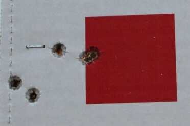 From 7 yards, I was pulling left. Still--close enough to my intended point of aim for defensive purposes.