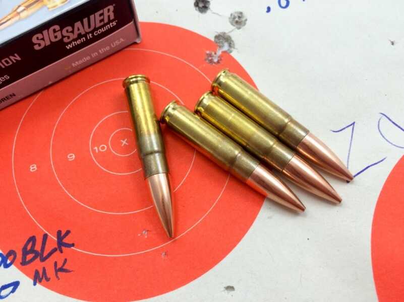 The huge 300 AAC Blackout subsonic projectiles are stuffed into cut down .5.56mm cartridge cases.