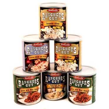 My original article on survival food suggested Honeyville.com. I still feel that they are the best. This pack of 6 #10 cans of prepared recipes is $157, and 6 packs of veggies and cheese products are much less. Shipping is always $4.99, and no, they don't pay us to say that. 