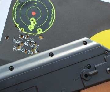 A full magazine from 25 yards off the improvised rest provided by the magazine.