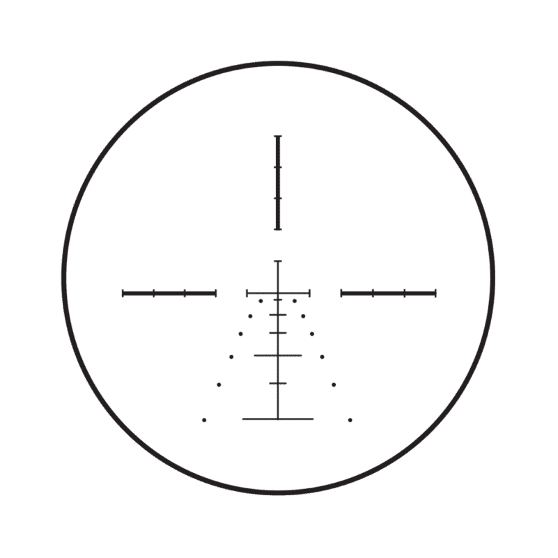 Note the "Christmas Tree" pattern on this Burris Ballistic E1 MV reticle. The dots below the crosshairs represent 10mph wind hold points at the different ranges. 