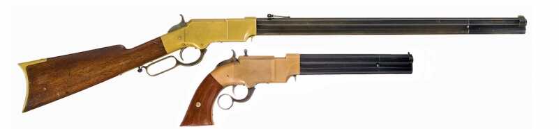 Inspired by a French rifle design, essentially a gallery gun used for indoor target shooting that fired a small metallic cartridge, Daniel Wesson and Horace Smith devised a “saloon pistol” c.1855 using a design that allowed multiple shots and the chambering of rounds using a ring lever (toggle link) action similar to the Smith-Jennings rifle, which Smith had perfected. The end result was the Volcanic repeating pistol and rifle, the forerunner of the Henry Rifle that B. Tyler Henry would design in 1860. The similarity between the Volcanic frame and barrel with that of the Henry rifle are unmistakable. (Photos courtesy Rock Island Auction Co.) 