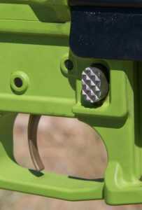 Retention pins, the magazine release and the trigger pins are titanium to save weight.