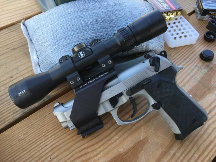 OK, so it looks a little dorky, but the scope mounted here to  a Beretta 92 Compact with rail INOX allows real accuracy testing.