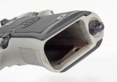 The magazine well features a moderate bevel.