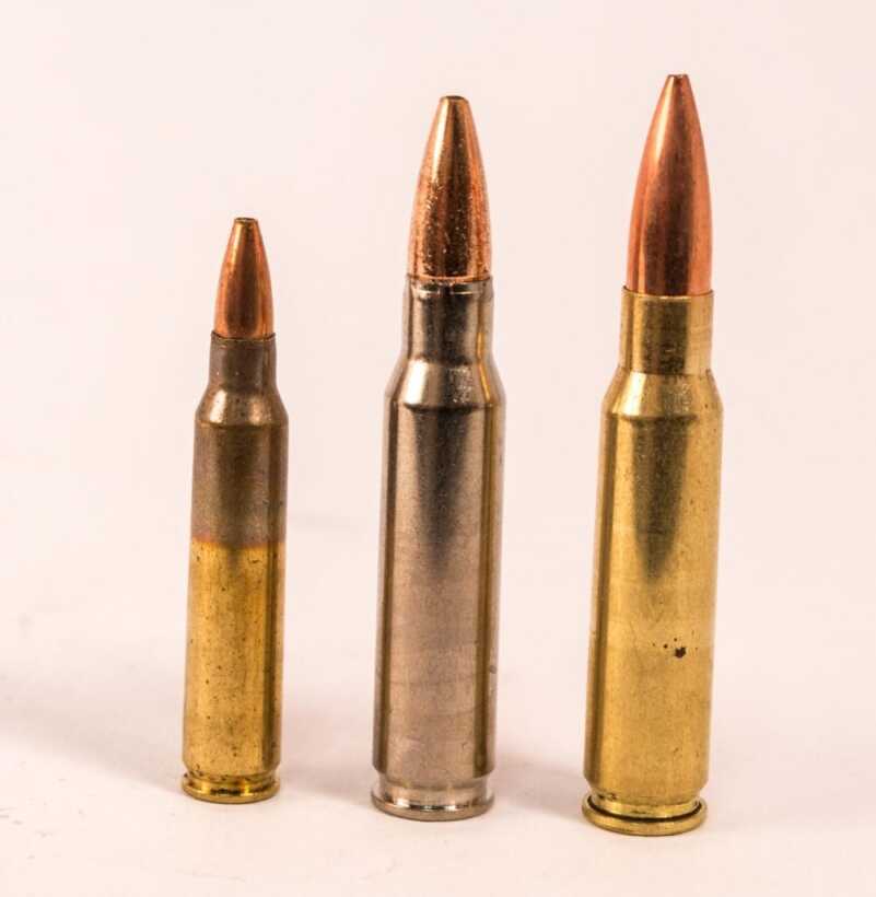Bottleneck cartridges that use the shoulder for headspace can use taper crimps, roll crimps, or mashed-up roll crimps like the one in the center. 