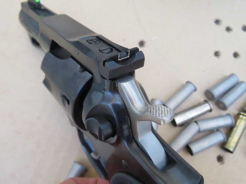 Rear adjustable sight on Ruger GP100.