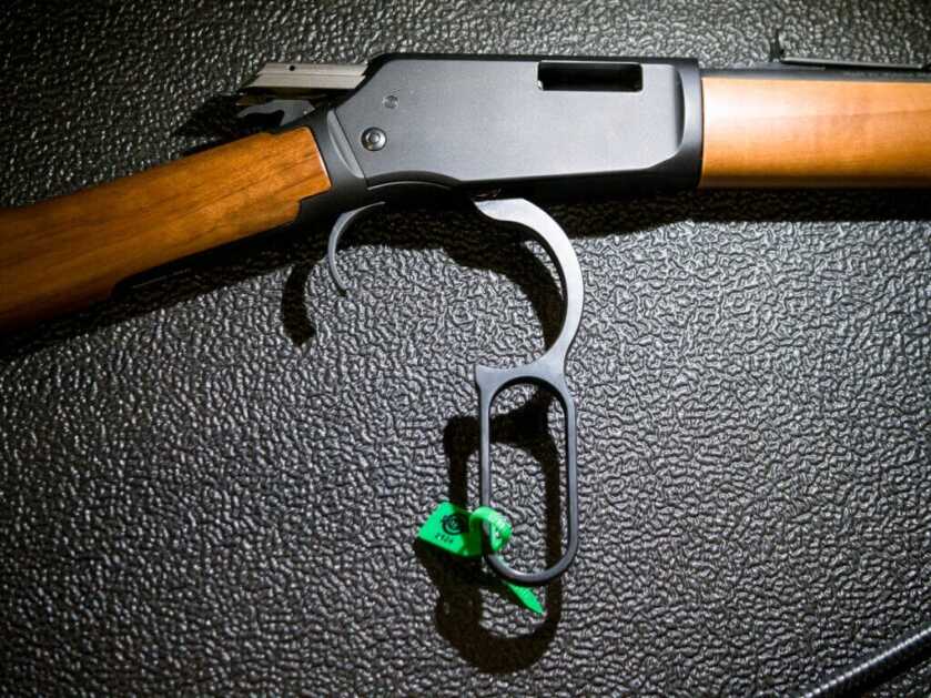 Close up of the receiver with the lever action open.