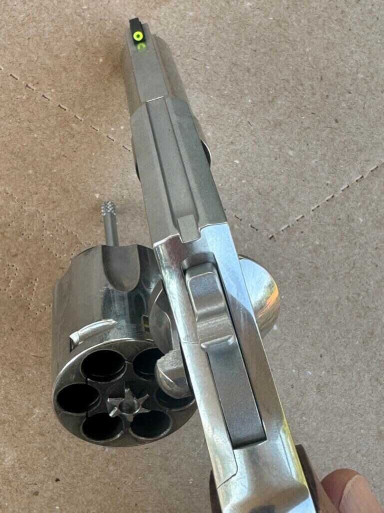 Front and rear iron sights on a self-defense revolver