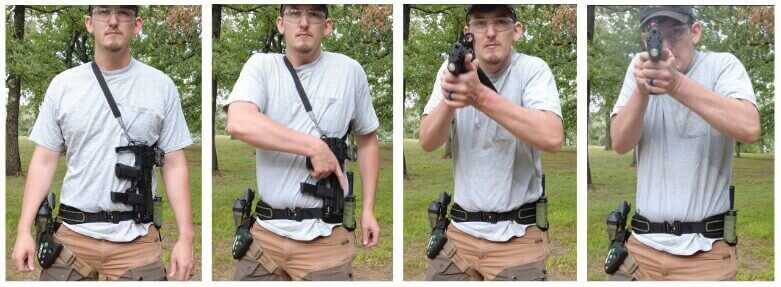 Deploying the Flux Raider X was relatively simple and relatively comparable to drawing a handgun: 1.41 seconds with a holstered Glock to put one round on target at 10 yards and 1.85 seconds with the Raider X P320 PDW configuration. 