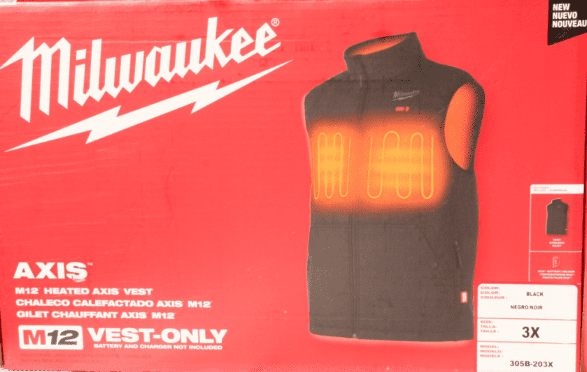 Front of Milwaukee Axis heated vest box highlighting M12 system and carbon fiber heat zones
