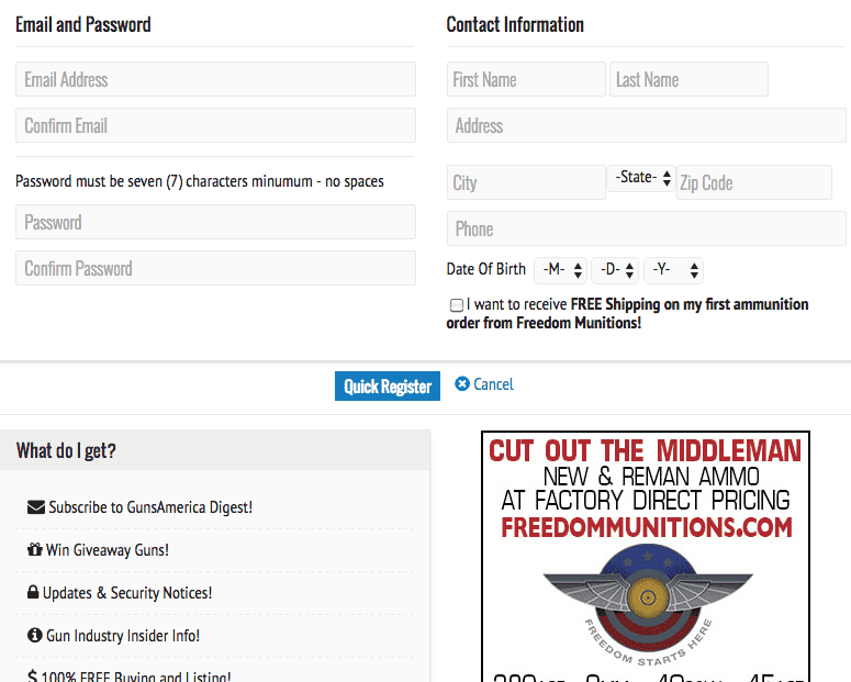 Here's a screenshot of what the account setup looks like. It's pretty straightforward. You can go to the GunsAmerica.com homepage and just click on "Register" or "Quick Register" to get setup. 