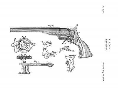 Cowboy Time Machine: Colt's First Revolver, the Paterson, Yesterday & Today Samuel Colt’s patent drawing for the No. 5 Holster Model is dated August 29, 1839. However, this is one of two pages detailing changes to accessories for the No. 5 Models, which had been in production since 1838. This patent drawing details the Paterson capper and combination tool. The gun illustration shows 10 moving parts in the Paterson Colt revolver. Colt simplified this to only six by the time the Walker Colt was built in 1847. (Dennis Levett collection).