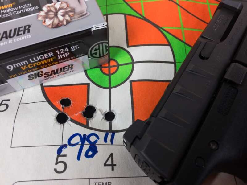 Field Test: Beretta’s APX Full Size and Compact The APX RDO turned in some impressive groups like these five shots of Sig Sauer V-Crown from 25 yards.