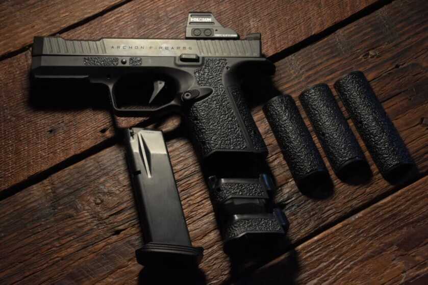 The Archon Type B can be reconfigured in several ways; this modularity, as displayed here with a disassembled version, is one of the the pistol's best features.