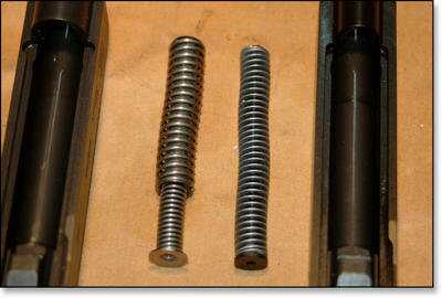 The recoil assembly of the Gen 4 guns (left) is much larger than the earlier Gen 3 recoil assembly (right).  I believe this is the single most significant improvement in the Gen 4 design. 