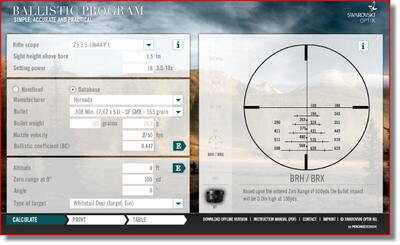 This is the Swarovski Ballistics Calculator. As you can see, the BRX/BRH reticle have holdover lines, and the calculator will tell you what those lines correspond to downrange with your given ammo and conditions. This is the Swarovski Ballistics Calculator. As you can see, the BRX/BRH reticle have holdover lines, and the calculator will tell you what those lines correspond to downrange with your given ammo and conditions.