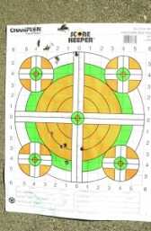 Ten rounds of Herter’s .45 Colt 250 gr LFN offhand from seven yards produced two five-shot groups, one for each barrel.
