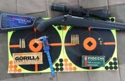 If you click to enlarge this picture, you will see that the Gorilla Ammo shot into under ½ inch at 100 yards with the full sized 22” American over three shots. We also shot a couple hundred rounds of Fiocchi range rounds, and those came in at just over an inch for five-shot groups on average.