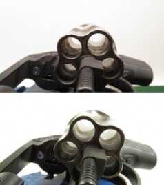  A before and after look at a revolver cylinder. All loose debris was removed with one pass of the RIPCORD.