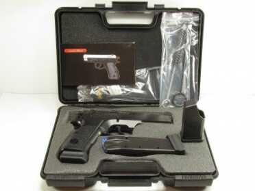 The P-120 pistol kit includes a sturdy lockable plastic case with fitted foam insert. Two extended capacity Mec-Gar magazines, magazine loading aid, basic cleaning kit, cable lock, and Operator’s Manual are also included.