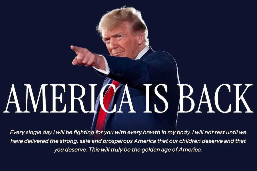 Pic of president Donald Trump pointing with the caption "America Is Back."