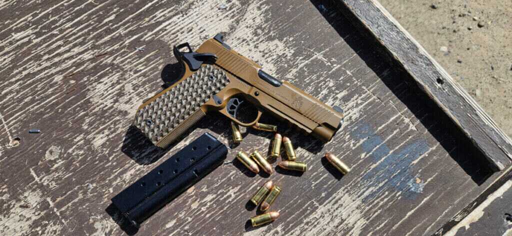 Semi-automatic TRP 1911 9mm Iron Sight Configuration with AOS plate.