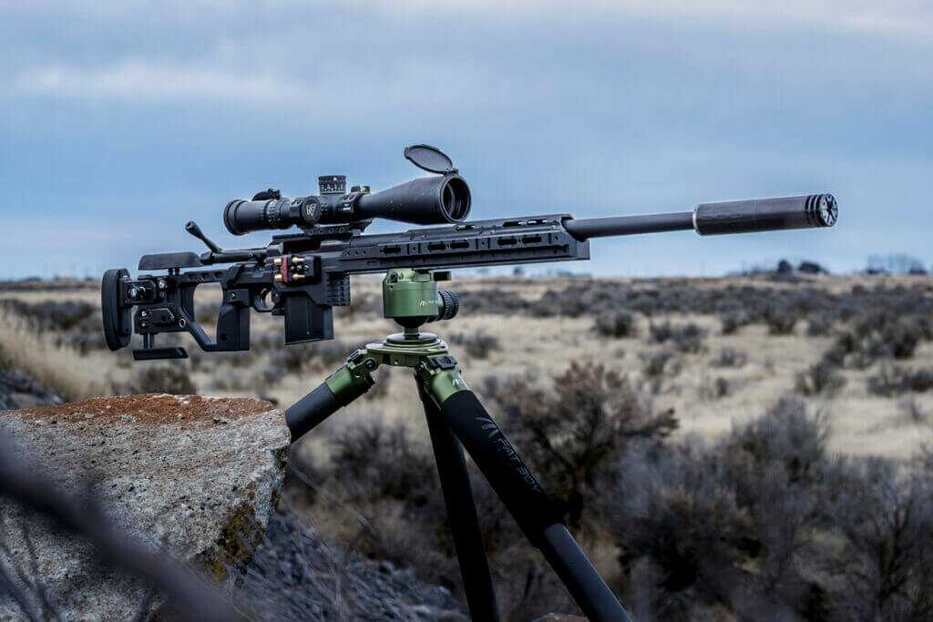 The Kinetic Research Group C-4 Chassis with Seekins Precision HAVAK action and 6mm creedmoor barrel, SilencerCo Omega 300, Nightforce ATACR 7-35x56mm Riflescope and Fat Boy Tripod